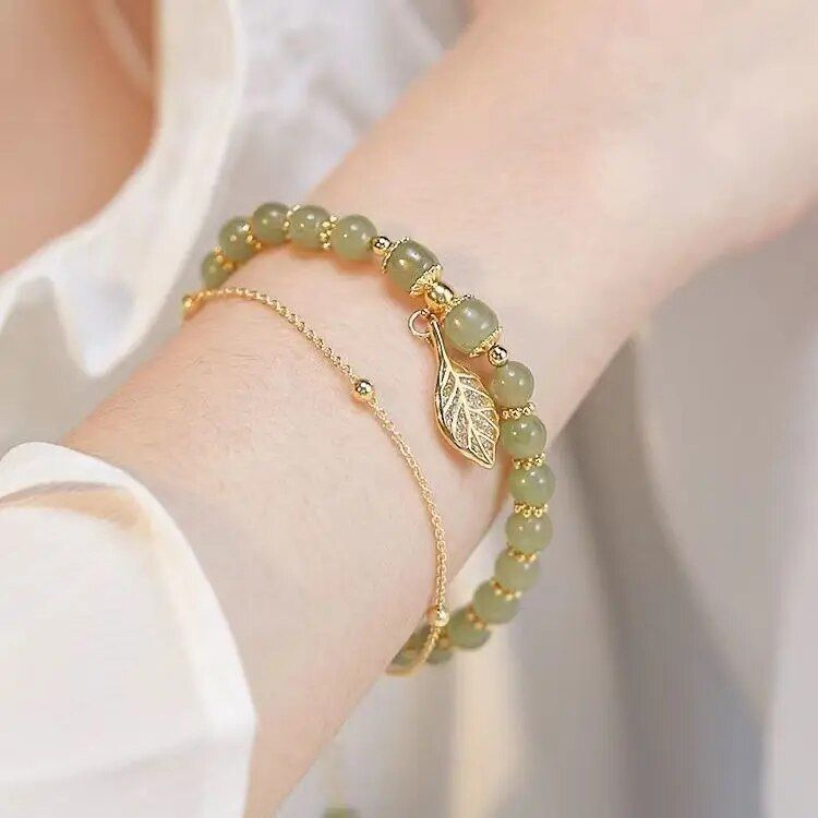 Hetian Jade Gold Leaf Bracelet Full String of Golden